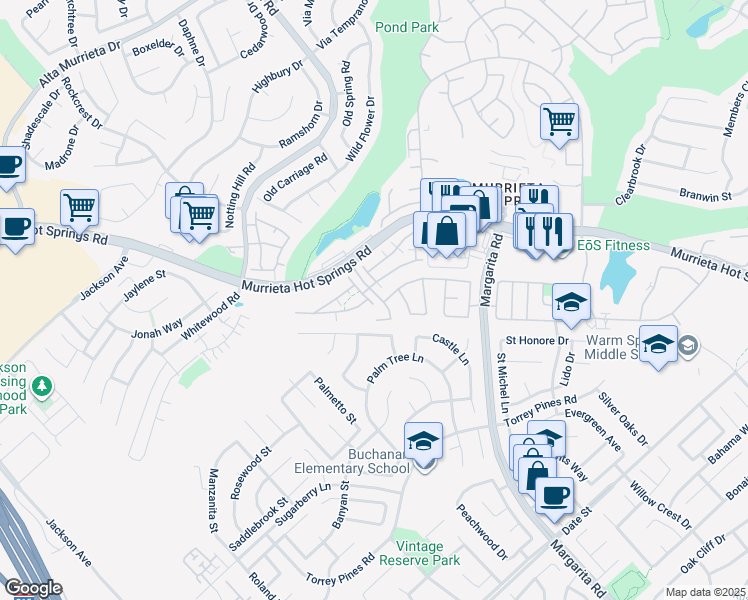 map of restaurants, bars, coffee shops, grocery stores, and more near 26190 Williams Way in Murrieta