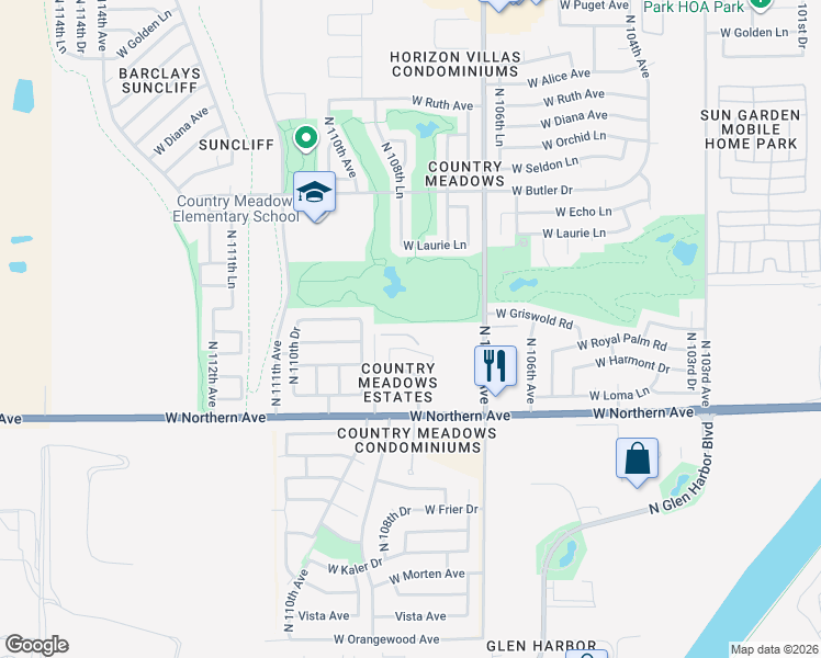 map of restaurants, bars, coffee shops, grocery stores, and more near 8140 North 107th Avenue in Peoria