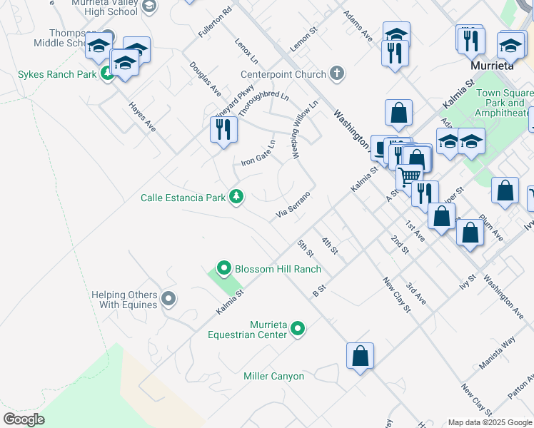 map of restaurants, bars, coffee shops, grocery stores, and more near 24544 Calle Estancia Road in Murrieta