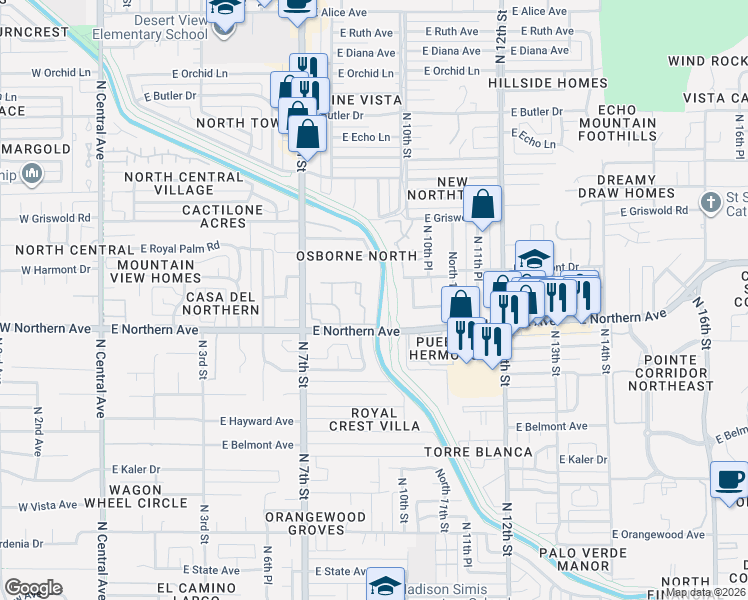 map of restaurants, bars, coffee shops, grocery stores, and more near 750 East Northern Avenue in Phoenix
