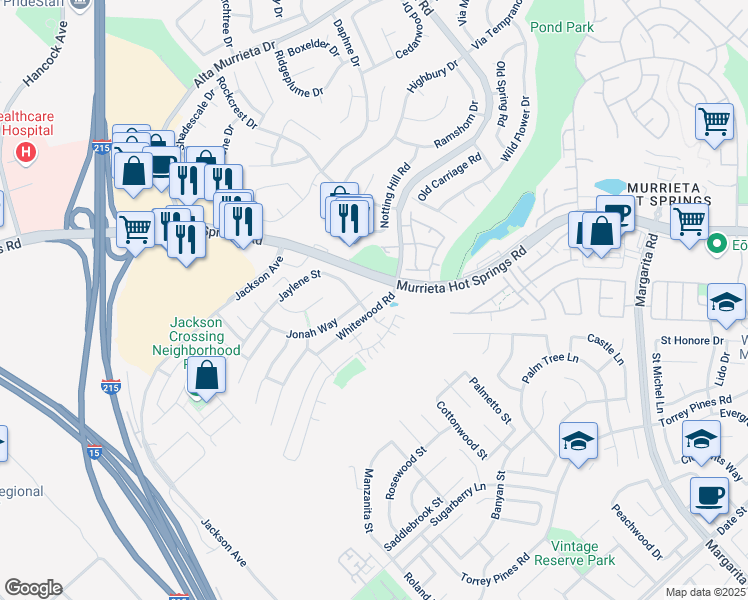 map of restaurants, bars, coffee shops, grocery stores, and more near 40046 Jonah Way in Murrieta