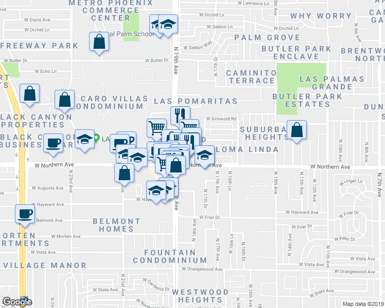 map of restaurants, bars, coffee shops, grocery stores, and more near 1820 West Northern Avenue in Phoenix