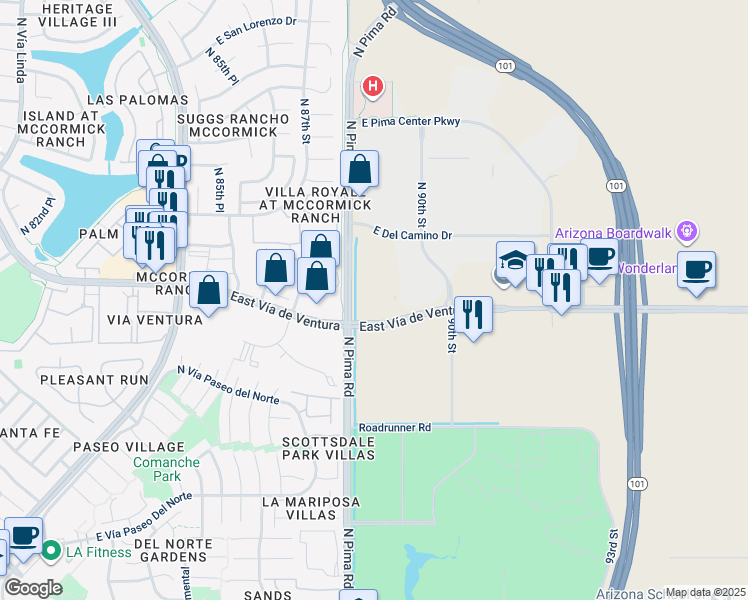 map of restaurants, bars, coffee shops, grocery stores, and more near 8076-8286 North Pima Road in Scottsdale