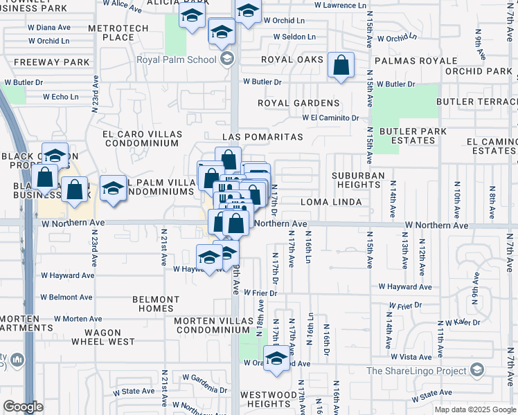 map of restaurants, bars, coffee shops, grocery stores, and more near 1810 West Northern Avenue in Phoenix