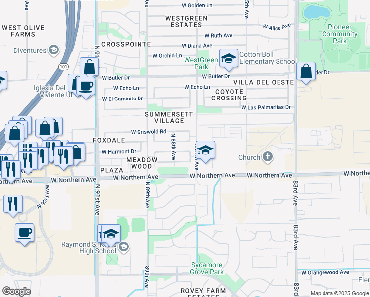 map of restaurants, bars, coffee shops, grocery stores, and more near 8757 West Manzanita Drive in Peoria