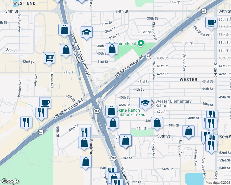 map of restaurants, bars, coffee shops, grocery stores, and more near 5722 Brownfield Drive in Lubbock
