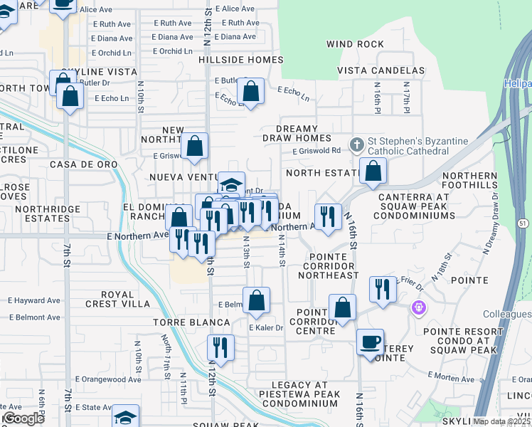 map of restaurants, bars, coffee shops, grocery stores, and more near 1350 East Northern Avenue in Phoenix