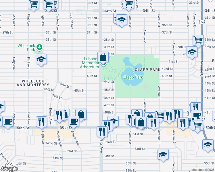 map of restaurants, bars, coffee shops, grocery stores, and more near 224 45th Street in Lubbock