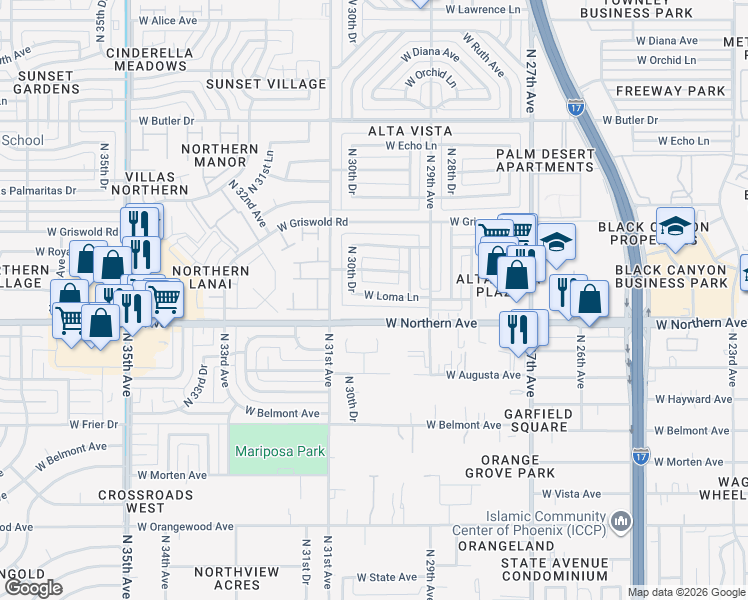 map of restaurants, bars, coffee shops, grocery stores, and more near 3002 West Northern Avenue in Phoenix