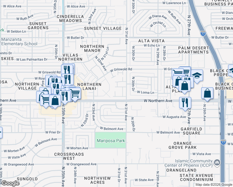map of restaurants, bars, coffee shops, grocery stores, and more near 3111 West Loma Lane in Phoenix
