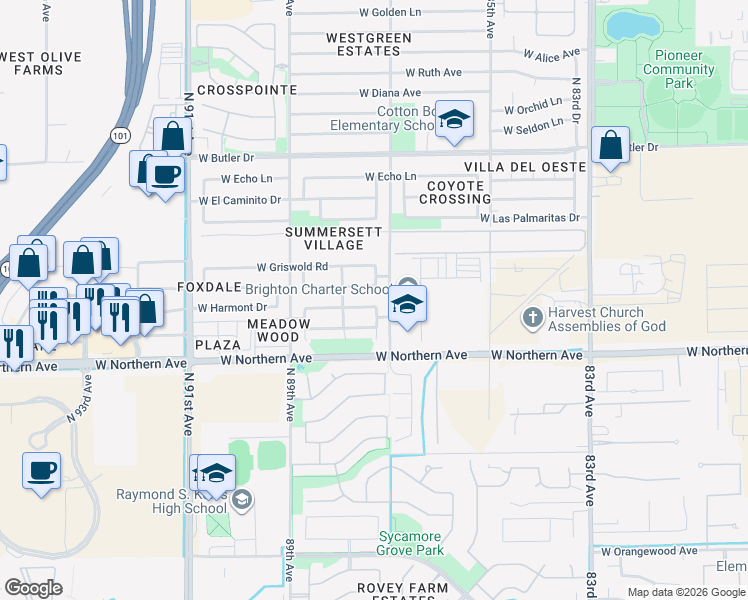map of restaurants, bars, coffee shops, grocery stores, and more near 8081 North 87th Drive in Peoria