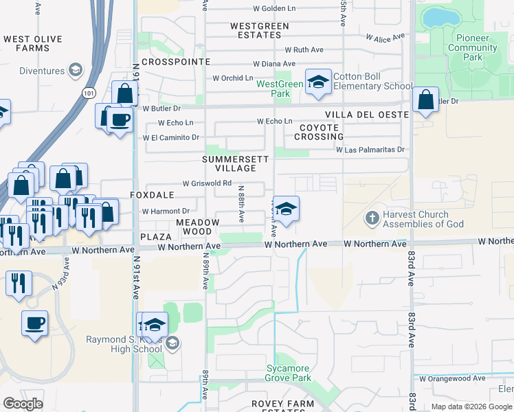 map of restaurants, bars, coffee shops, grocery stores, and more near 8757 West Manzanita Drive in Peoria
