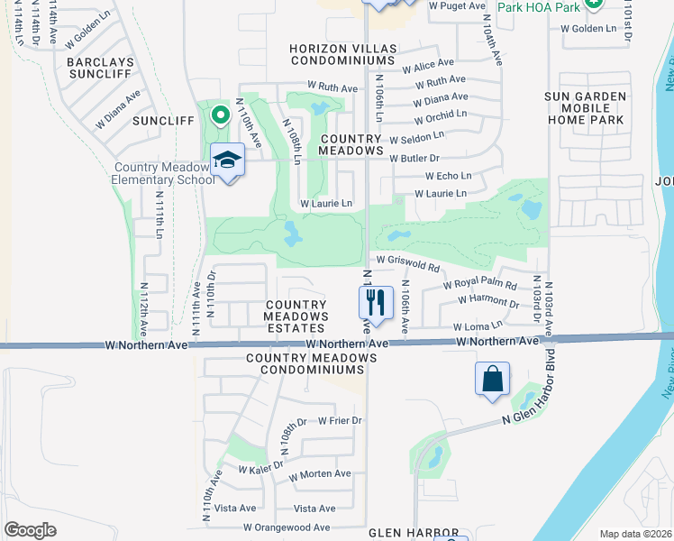 map of restaurants, bars, coffee shops, grocery stores, and more near 8140 North 107th Avenue in Peoria