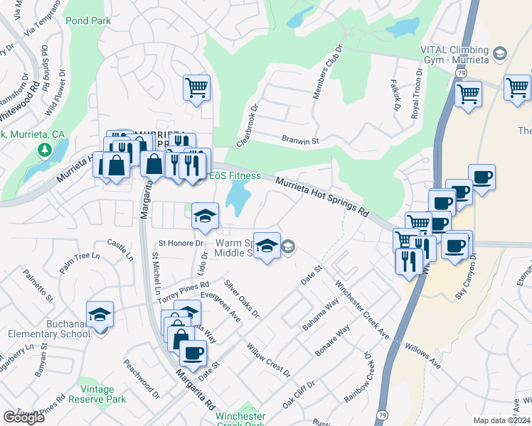map of restaurants, bars, coffee shops, grocery stores, and more near 28878 Calle Del Lago in Murrieta