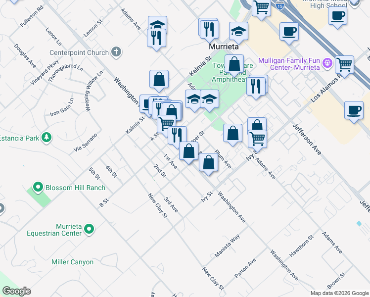 map of restaurants, bars, coffee shops, grocery stores, and more near 42081 Juniper Street in Murrieta