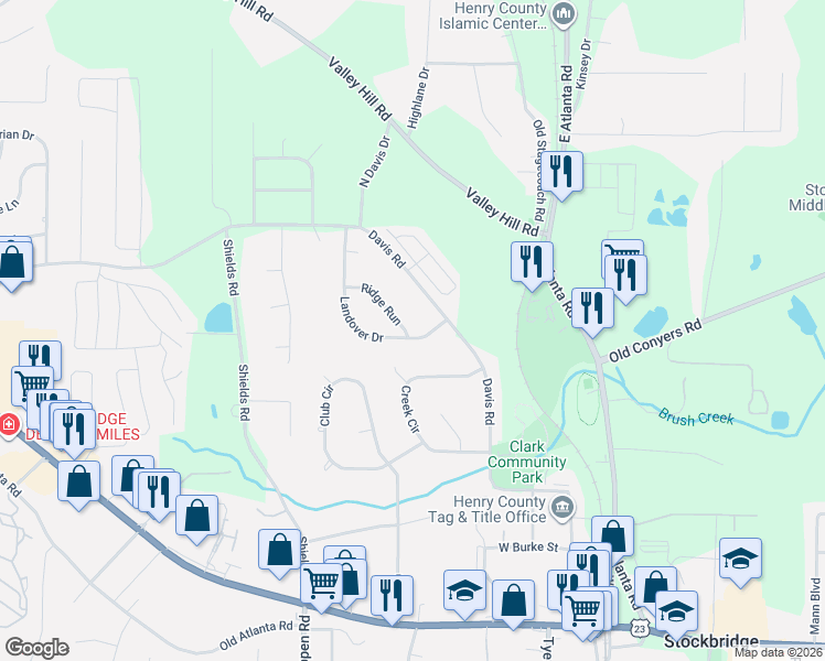 map of restaurants, bars, coffee shops, grocery stores, and more near 104 Landover Drive in Stockbridge