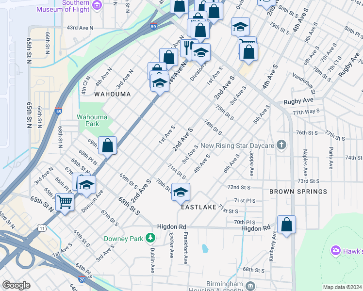 map of restaurants, bars, coffee shops, grocery stores, and more near 7200 3rd Avenue South in Birmingham
