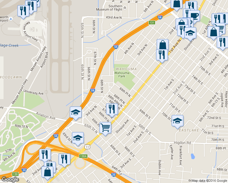 map of restaurants, bars, coffee shops, grocery stores, and more near 205 68th Place North in Birmingham