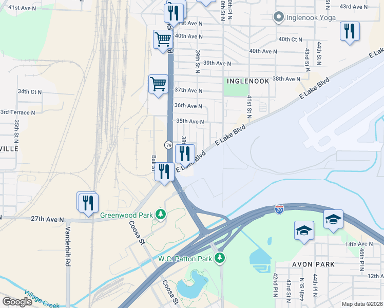 map of restaurants, bars, coffee shops, grocery stores, and more near 3856 East Lake Boulevard in Birmingham