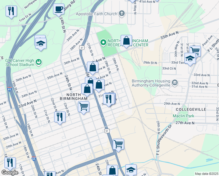 map of restaurants, bars, coffee shops, grocery stores, and more near 3110 27th Street North in Birmingham