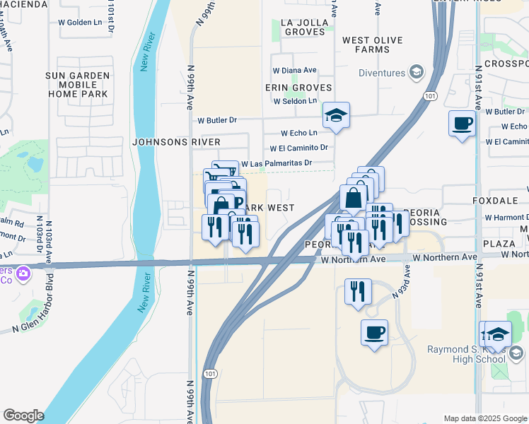 map of restaurants, bars, coffee shops, grocery stores, and more near 9680 West Northern Avenue in Peoria