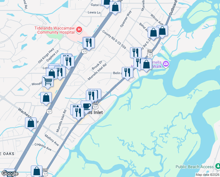 map of restaurants, bars, coffee shops, grocery stores, and more near 4999 U.S. 17 Business in Murrells Inlet