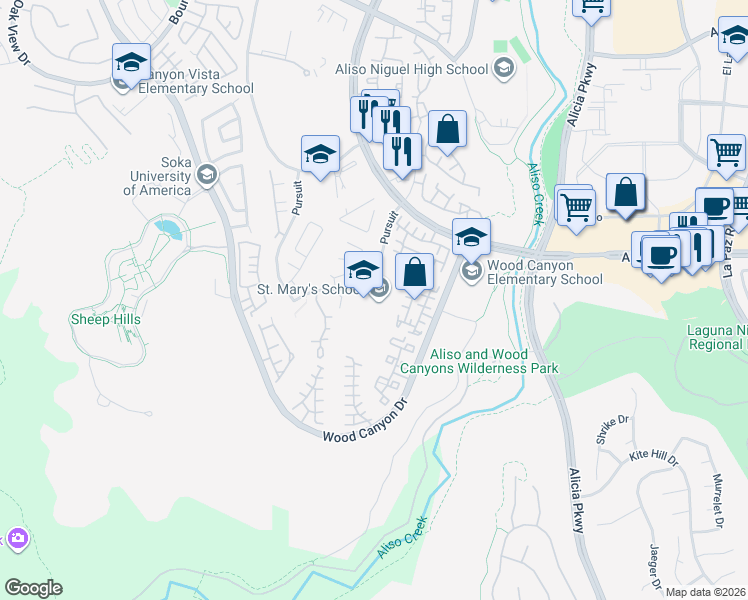 map of restaurants, bars, coffee shops, grocery stores, and more near 7 Pursuit in Aliso Viejo