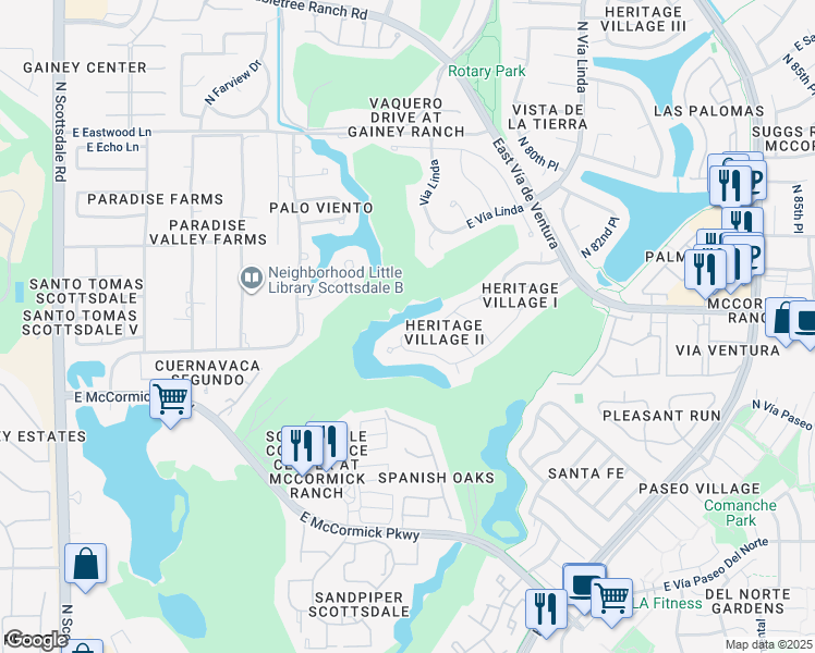 map of restaurants, bars, coffee shops, grocery stores, and more near 7843 East Vía Costa in Scottsdale