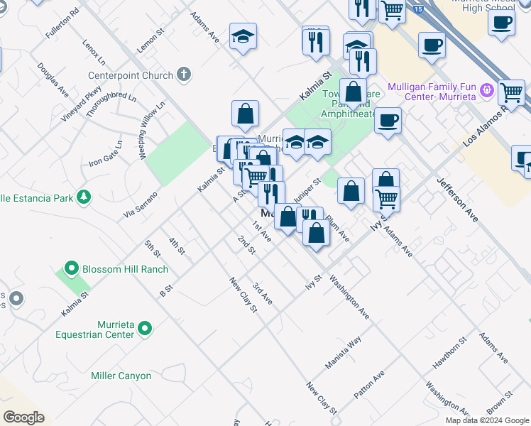 map of restaurants, bars, coffee shops, grocery stores, and more near 24771 Washington Avenue in Murrieta