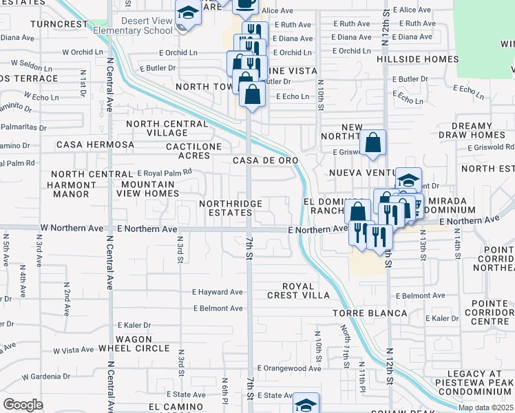 map of restaurants, bars, coffee shops, grocery stores, and more near 750 East Northern Avenue in Phoenix