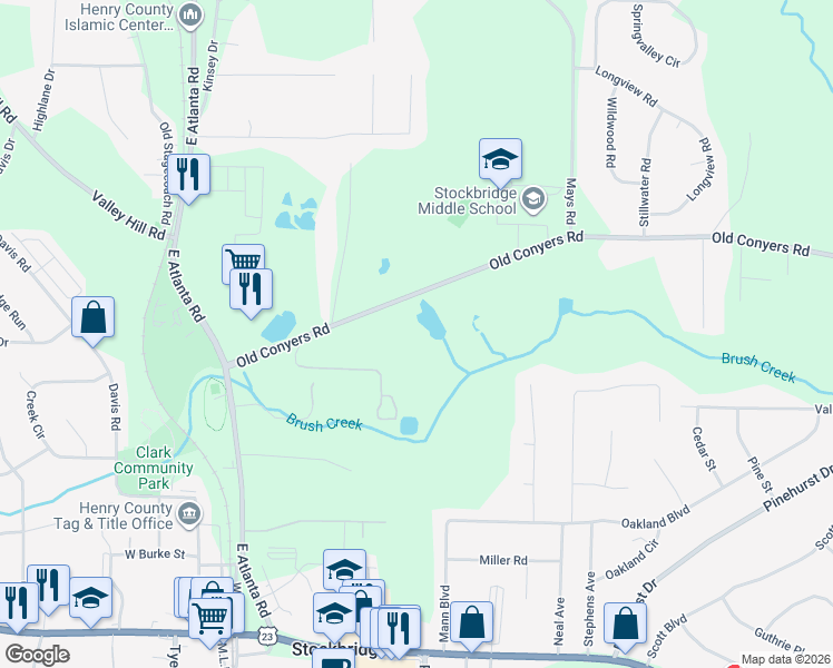 map of restaurants, bars, coffee shops, grocery stores, and more near 374 Old Conyers Road in Stockbridge