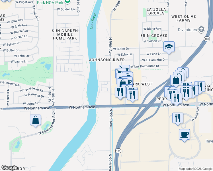 map of restaurants, bars, coffee shops, grocery stores, and more near 8102 North 99th Avenue in Peoria