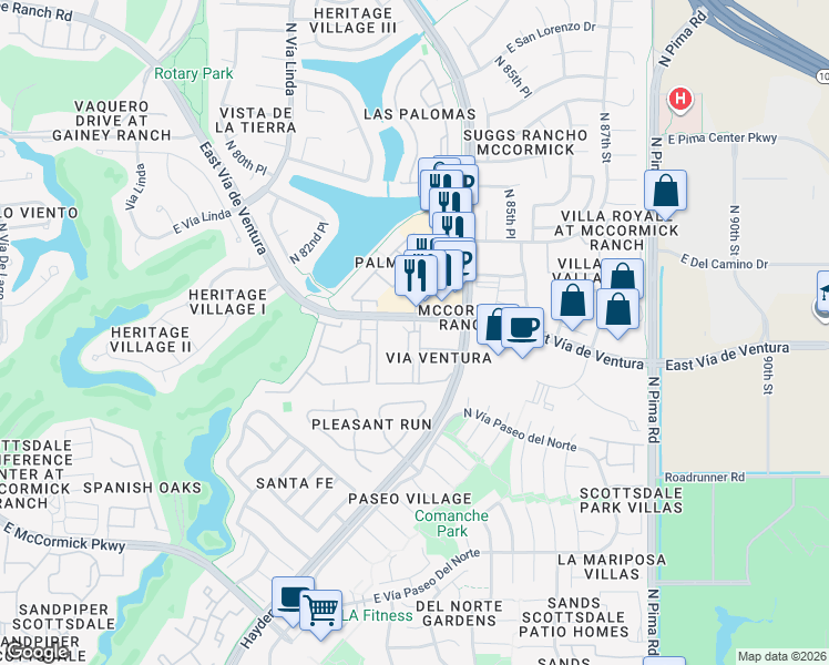 map of restaurants, bars, coffee shops, grocery stores, and more near 8375 East Vía de Ventura in Scottsdale