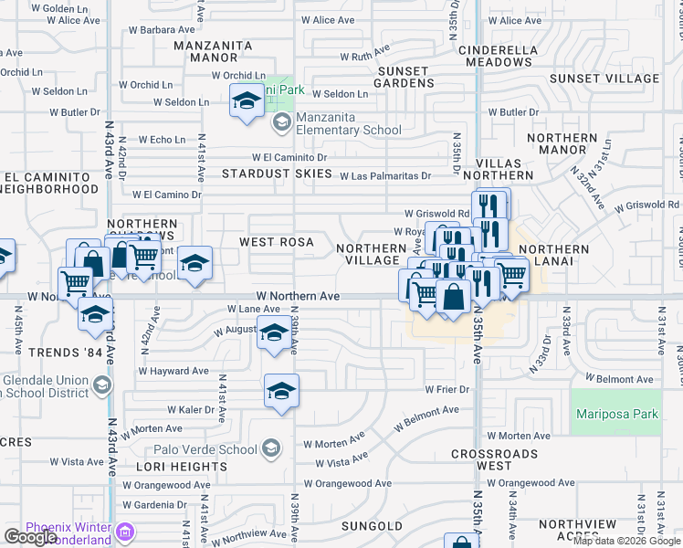 map of restaurants, bars, coffee shops, grocery stores, and more near 3712 West Northern Avenue in Phoenix