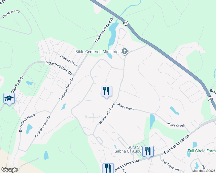 map of restaurants, bars, coffee shops, grocery stores, and more near 803 Shackleford Place in Evans