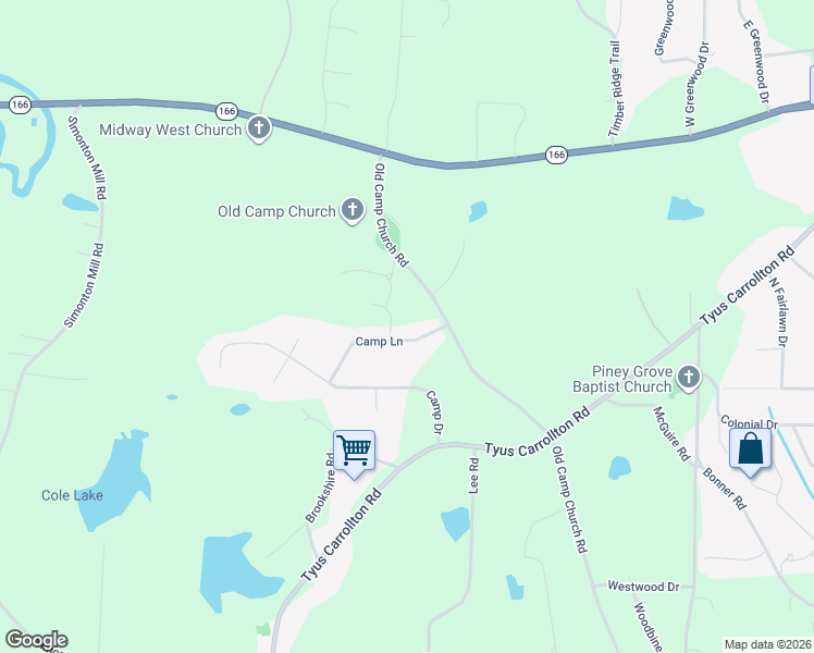 map of restaurants, bars, coffee shops, grocery stores, and more near 55 Camp Ln in Carrollton