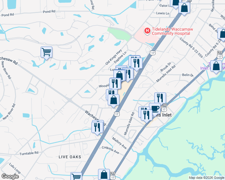 map of restaurants, bars, coffee shops, grocery stores, and more near in Murrells Inlet