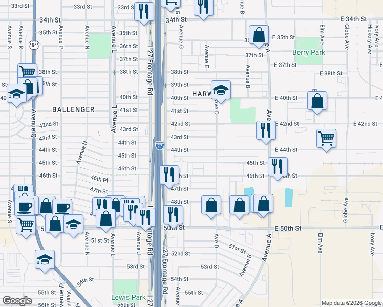 map of restaurants, bars, coffee shops, grocery stores, and more near 518 45th St in Lubbock