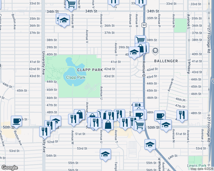 map of restaurants, bars, coffee shops, grocery stores, and more near 2010 45th Street in Lubbock