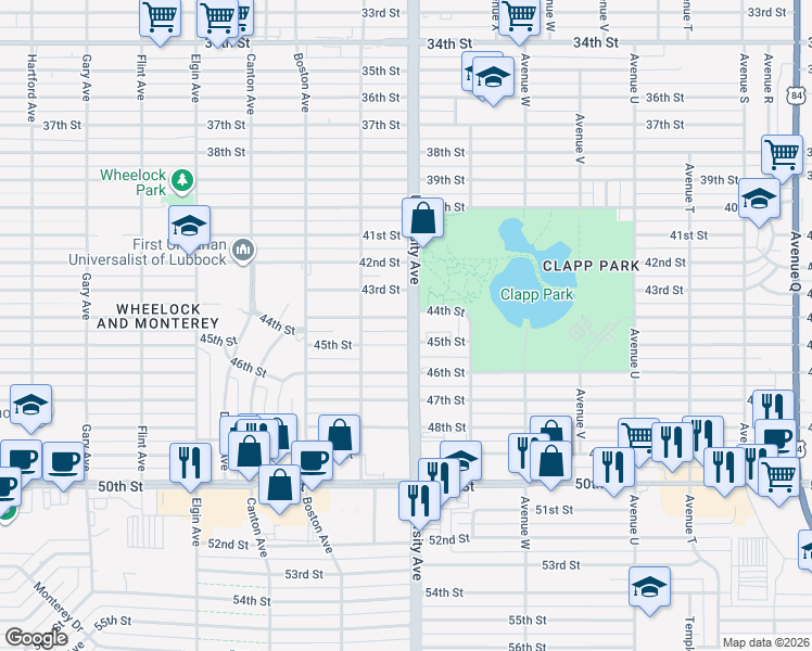 map of restaurants, bars, coffee shops, grocery stores, and more near 2506 45th Street in Lubbock