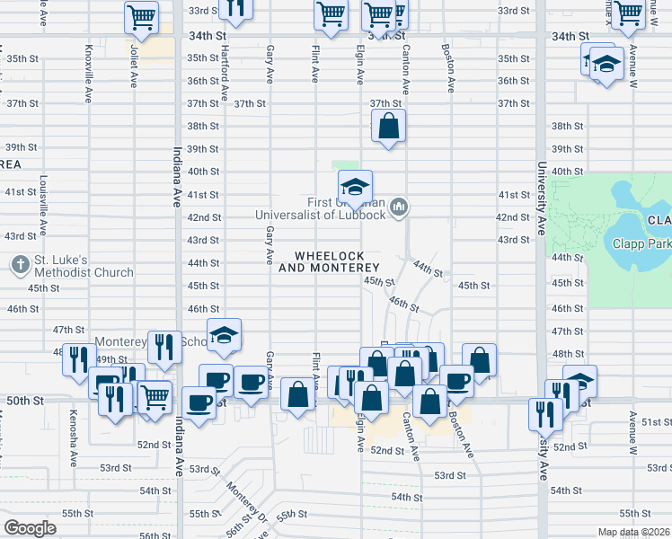map of restaurants, bars, coffee shops, grocery stores, and more near 3010 45th Street in Lubbock