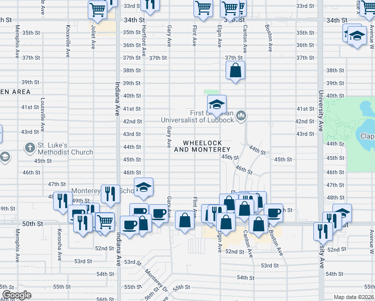 map of restaurants, bars, coffee shops, grocery stores, and more near 3102 45th Street in Lubbock