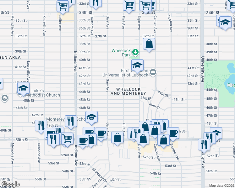 map of restaurants, bars, coffee shops, grocery stores, and more near 3102 45th Street in Lubbock