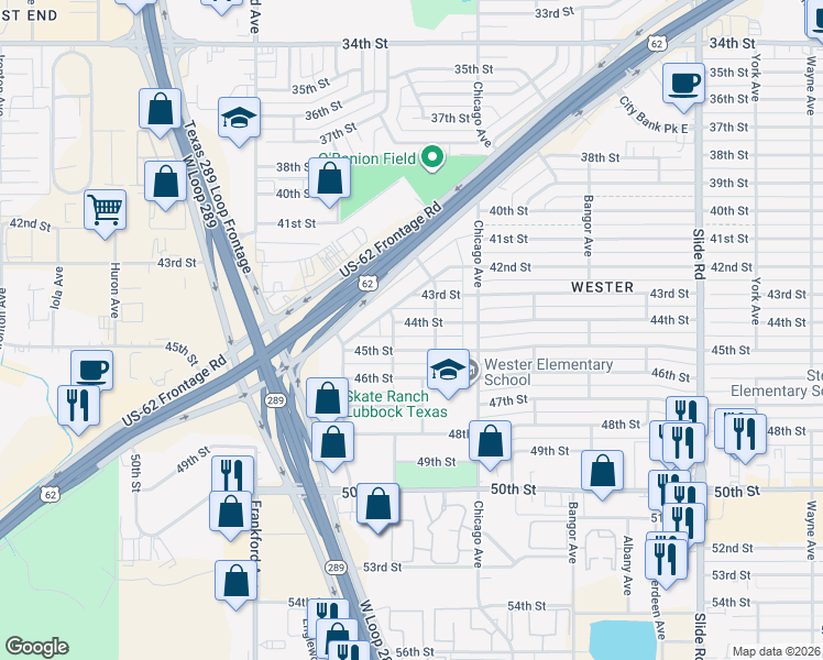 map of restaurants, bars, coffee shops, grocery stores, and more near 5610 45th Street in Lubbock