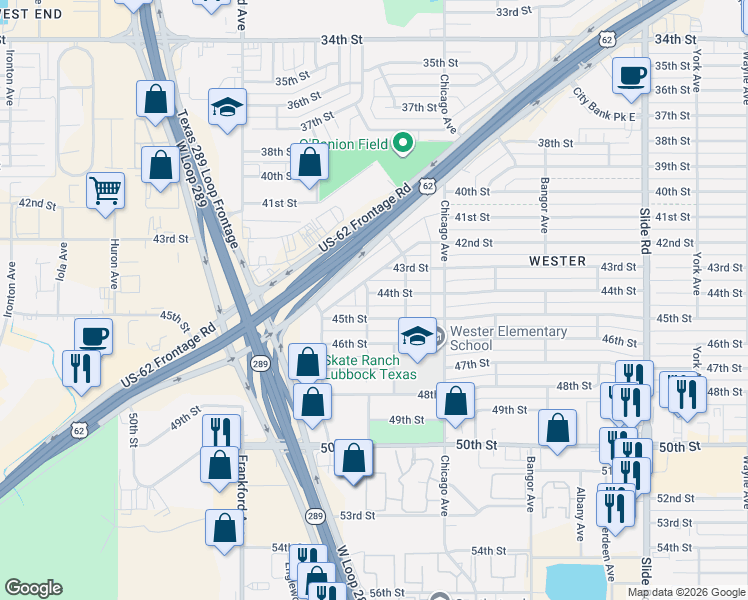 map of restaurants, bars, coffee shops, grocery stores, and more near 5610 45th Street in Lubbock