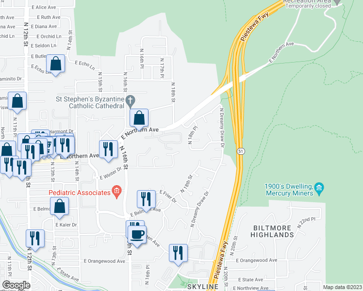 map of restaurants, bars, coffee shops, grocery stores, and more near 1801 East Manzanita Drive in Phoenix