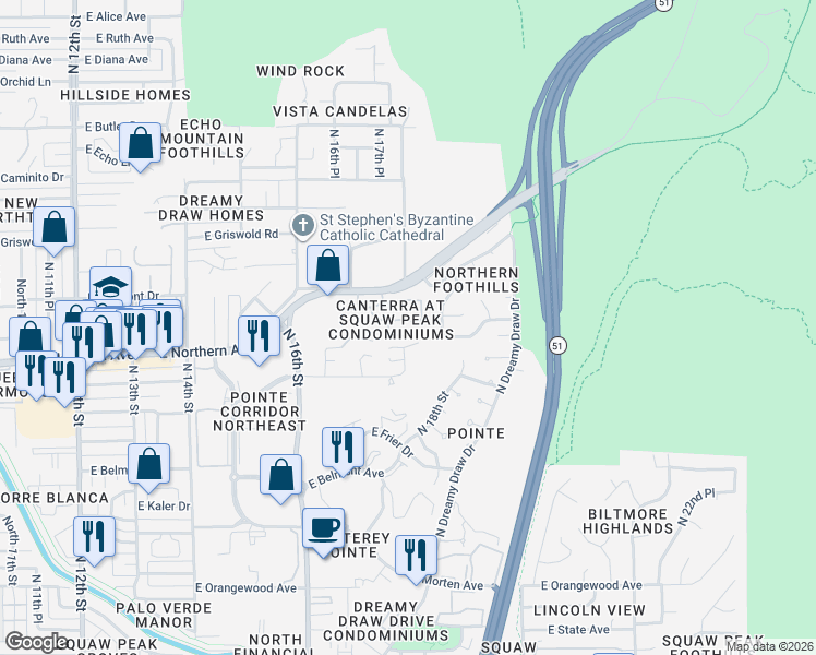 map of restaurants, bars, coffee shops, grocery stores, and more near 1747 East Northern Avenue in Phoenix
