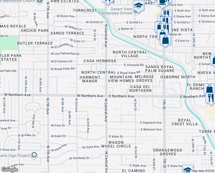 map of restaurants, bars, coffee shops, grocery stores, and more near 8000 North Central Avenue in Phoenix