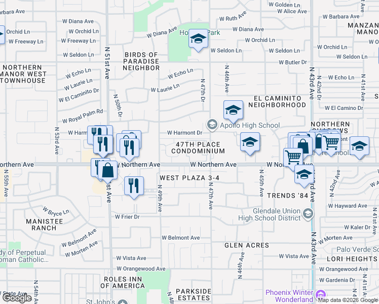 map of restaurants, bars, coffee shops, grocery stores, and more near 4801 West Loma Lane in Glendale