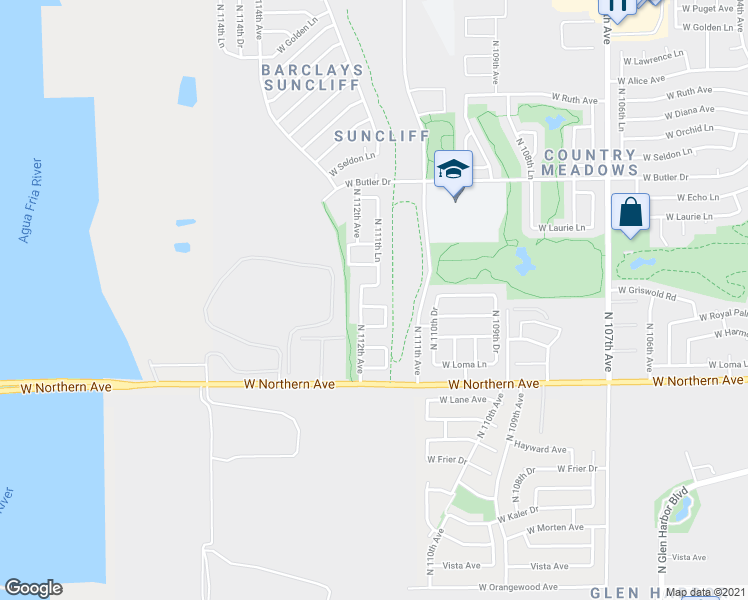 map of restaurants, bars, coffee shops, grocery stores, and more near 8126 North 112th Avenue in Peoria